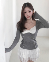 sheer white line heart-neck top