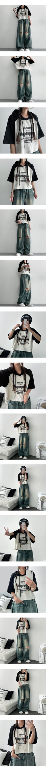 [S~XL] Bendil サイドピンタックニーズカッティングデニムワイドパンツ
