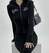 (🖤) ラブリーヒップファーディテールスリムニットフードジップアップ - 3 COLOR