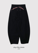 Rose Pink Lettering Embroidery Balloon Denim Pants