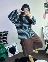 STRIPE OVER BOXY BOYFRIEND LONG SLEEVE T SHIRT ❤💚🩵🧸4COLOR