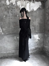 eyelet strap folding long skirt