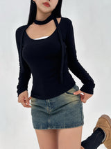 [BELT & INNER SHORTS] AUTUMN DENIM BROWN KHAKI DENIM SKIRT – SK