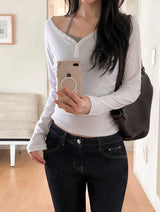 Unbalance Button Slim Rib T-shirt (5color)