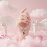 [ジェニーパーク Necklace] ローズピンクハートアンドリボン パールチョーカーネックレス