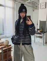 ONZストライプモヘアニットフードジップアップ