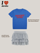 Blue Red Lettering Round Short-Sleeved Knitwear