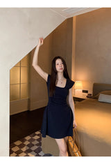 Navy Round Square Flared Dress