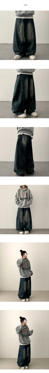 Judd waist back banding diagonal incision deep washing denim wide pants