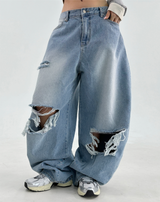 DAMAGED BALLOON RIPPED DENIM💙 LIGHT BLUE DENIM PANTS
