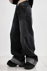 Cuffed cat washing denim pants