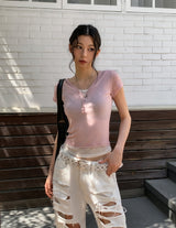 シースルーレイヤードボタンキャップスリーブショートスリーブ