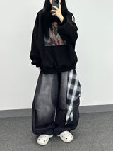 check layer denim pants