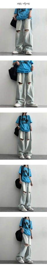[S~XL] Bendil サイドピンタックニーズカッティングデニムワイドパンツ