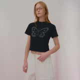 テキストバタフライクロップTシャツ-BLACK