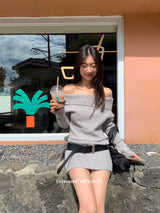 off-shoulder knit v-neck mini dress