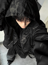 Reversible Camo & Deep Black Oversized Zip-up Hoodie