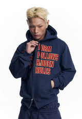 Star Lettering Patch Hoodie Zip-Up - Navy