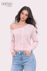 Pink dot unbalanced shoulder top