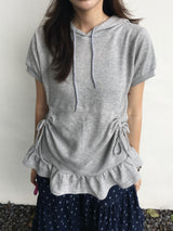 Ribbon shirring pocket frill short-sleeved hood (3c)
