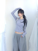Fingerhole line hooded half zipup