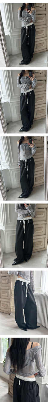 [Unisex] Layered belt stripe banding pants(2color)