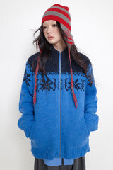 Half-high collar warm and retro jacquard zippered cardigan sweater