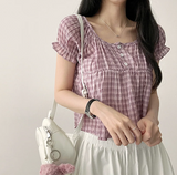 Checkered Ruffle Square Button Short Sleeve Blouse