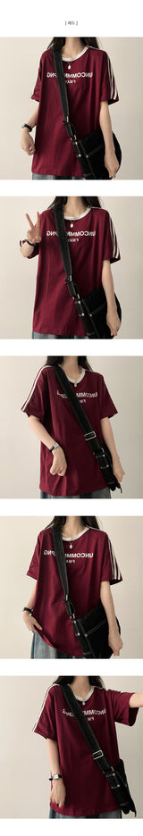 UN レタリングトラックラインオーバーサイズフィット半袖Tシャツ