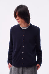 WOOL BLEND PIQUÉ TEXTURE CROSS TOTEM EMBROIDERY RAW-EDGE FOUR-COLOR BUTTON CARDIGAN