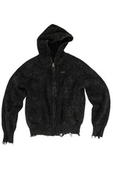Washed Distressed Ribbed Knit Hoodie