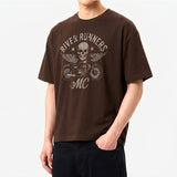 メンズコットン半袖クロップドTシャツ モーターサイクル ブラウン
