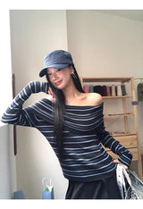 Stripe Slim Off-Shoulder Long-Sleeved Knit T-Shirt