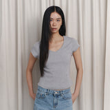 C 90S ラインVネック半袖Tシャツ_グレー