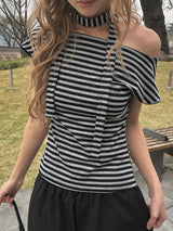 Scon Stripe Plain One-Shoulder Ribbon Short Sleeve T-Shirt