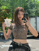 Leopard shirring puff off-shoulder short sleeve