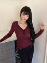 Chena Frill-Neck Long-Sleeve T-Shirt