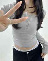 (QUALITY👍🏻) BASIC INNER SIDE SHIRRED SEMI-CROPPED LONG-SLEEVE BUTTONED TEE - 4 COLOR