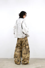 RELABEL Digital-Printed Leopard-Print Camouflage High-Waisted/Low-Waisted Frayed-Edge Patchwork A-Line Studded Workwear Trousers