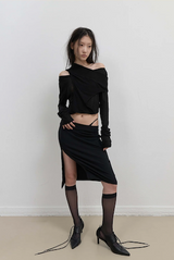 Button Slit Midi Skirt / Black