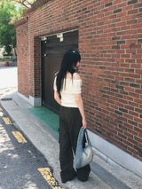 Sirom リボンストラップリブドオフショルダー半袖Tシャツ
