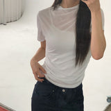 [Mokdin] Mock-Neck Shirred Short-Sleeve T-Shirt - 4 Colors