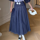Camogli denim pleated long flare skirt
