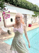 ROSE ISLAND Matcha Peach Dew Bowknot Halter Neck Light Pink Contrast Mint Green Old-fashioned Floral Dress