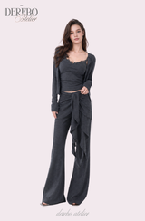 Royal Charcoal Frill Training Three-Piece Setup (Cardigan+Sleeveless+Pants)