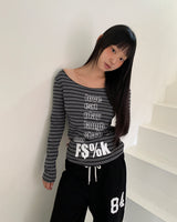 Muang Stripe Printed One-Off Shoulder Long Sleeve T-Shirt