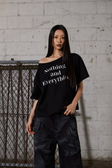 レタリングオーバーサイズワンショルダーTシャツ-ブラック