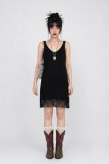 FRINGE-HEM KNIT V-NECK DRESS IN BLACK