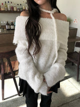 [Muffler Set/Wool Knit] Cozen Off-Shoulder Loose Fit Tie Knit