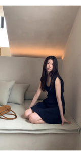 Navy Round Square Flared Dress